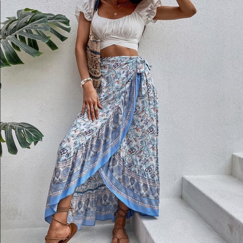 π BOHO BLUE FLORAL WRAP HIGH WAIST RUFFLE MAXI SKIRT! - Picture 2 of 8